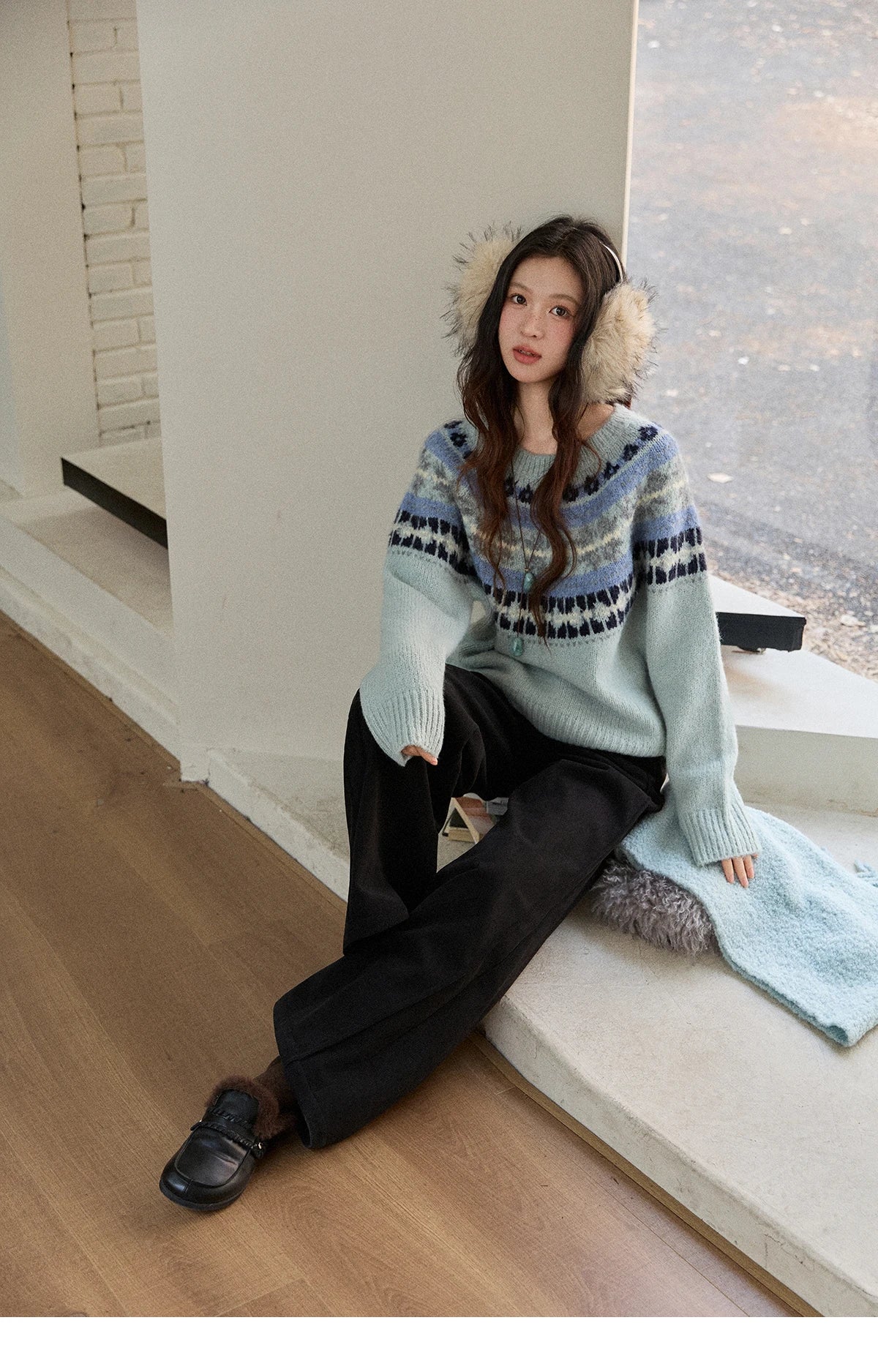 MISHOW Women's Blue Fair Isle Sweater 2025 Winter Geometric Jacquard Loose Retro Wool Blend Knit Pullovers Sweaters MXE87Z2767