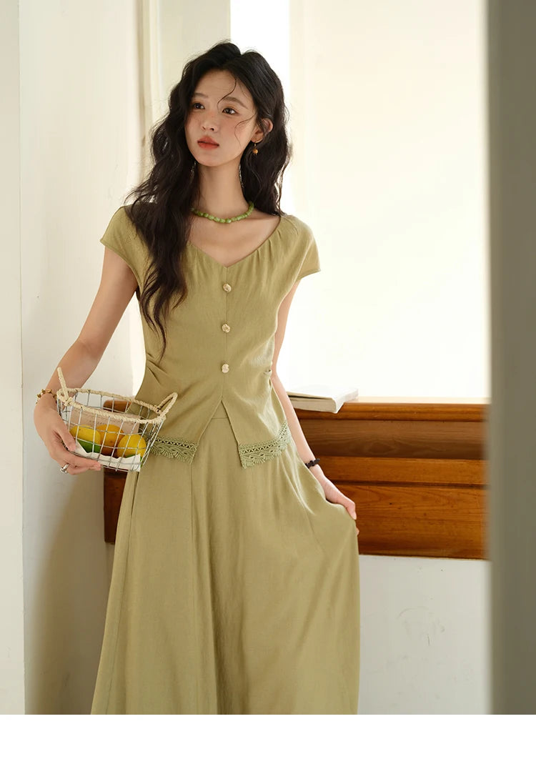 MISHOW Two-Piece Ladies Set 2025 Summer New Fashion V-neck Button Lace Hollow Out Spliced Top Pocket A-line Skirt Set MXE39T0665