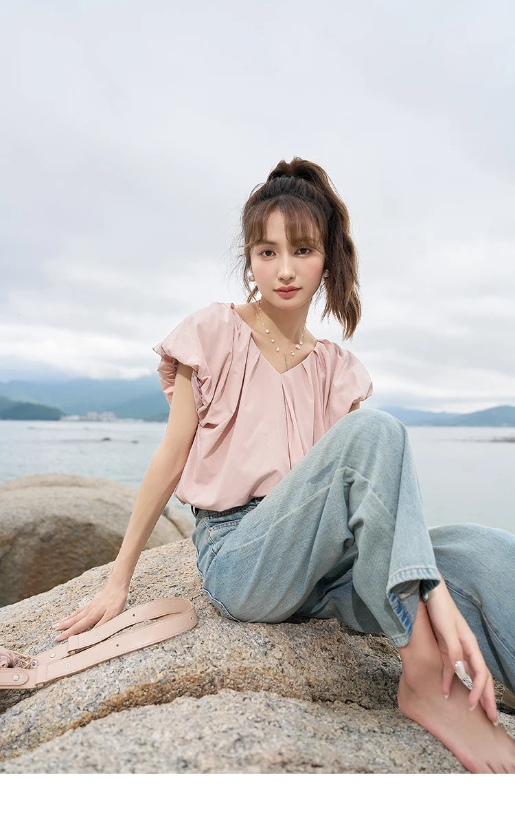 MISHOW Soft Blouses for Women 2025 Summer French Rear Collar Tie Up Solid Short Sleeve Solid V Neck Puff Sleeve Tops MXC38X1275