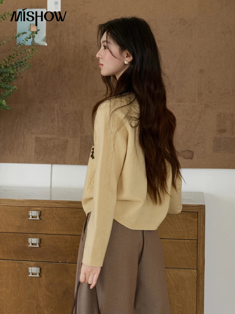 MISHOW Women's Cable Knit Cardigan Spring Peter Pan Collar Floral Embroidery Sweater Long Sleeve Casual Loose Tops MXF11Z2904