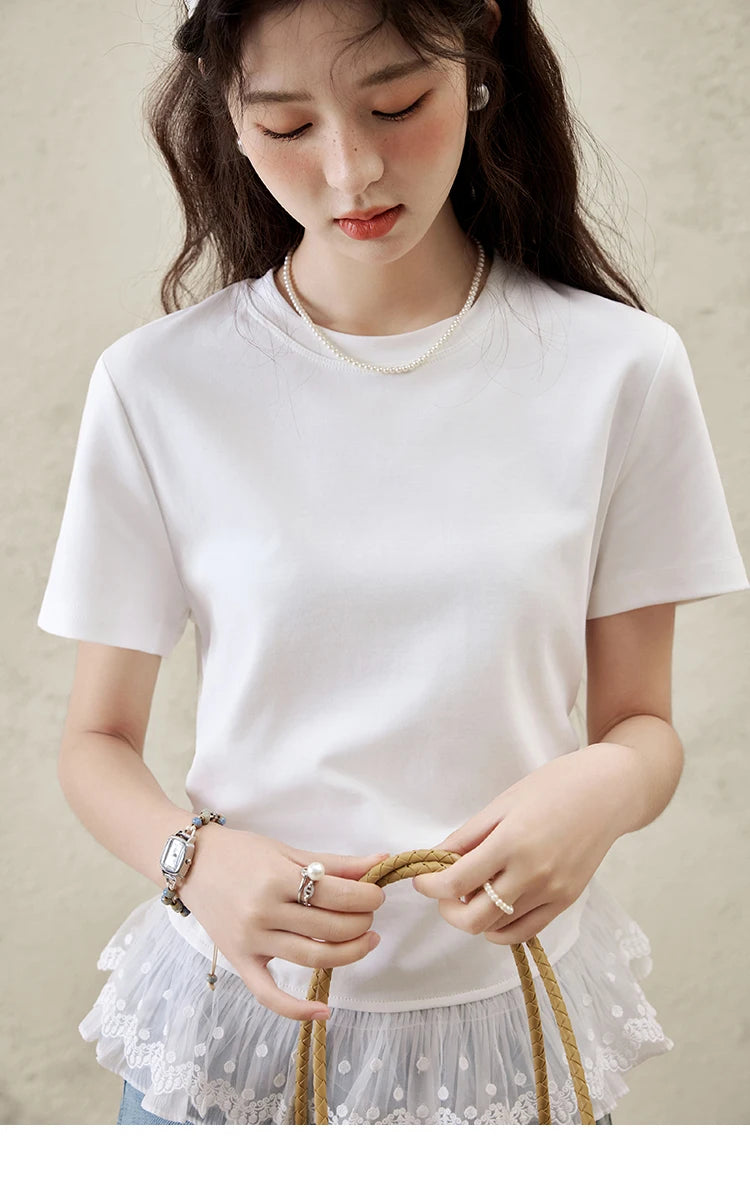 MISHOW Lace Hem Splicing T-shirt for Women Spring/summer 2025 Round Neck Versatile Top Streetwear Solid Casual Tees MXE31T0528
