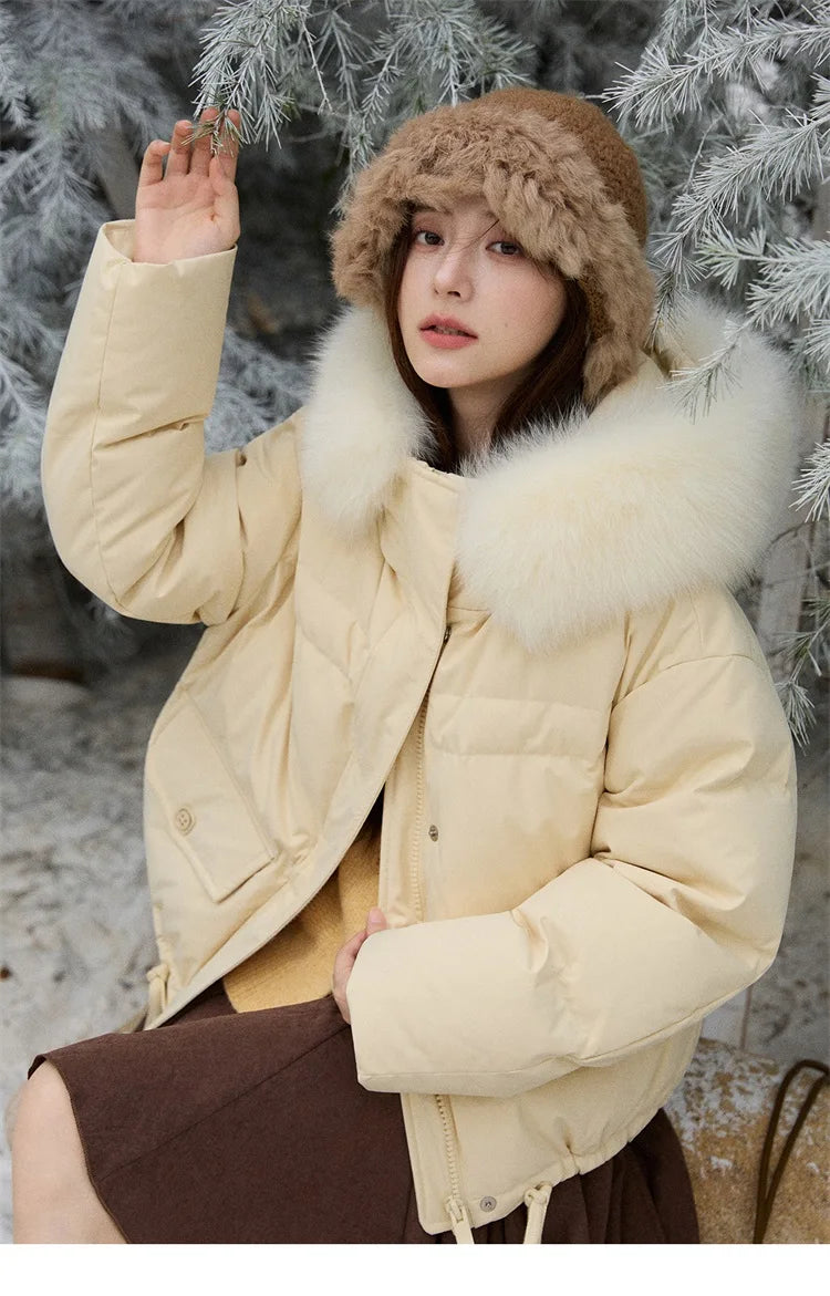 MISHOW Short Lightweight Puffer for Women 2025 Fashion Loose Long-sleeved Down Jacket Detachable Fur Collar Warm Coat MXE87Y0084