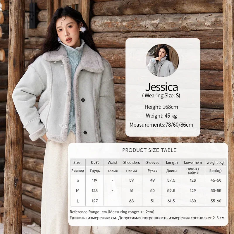 MISHOW Leather Fur Coat Fur Collar with Bag Women Winter Clothes Suede Plush Jacket Pocket Soft Thickened Warm Tops MXD57W0737