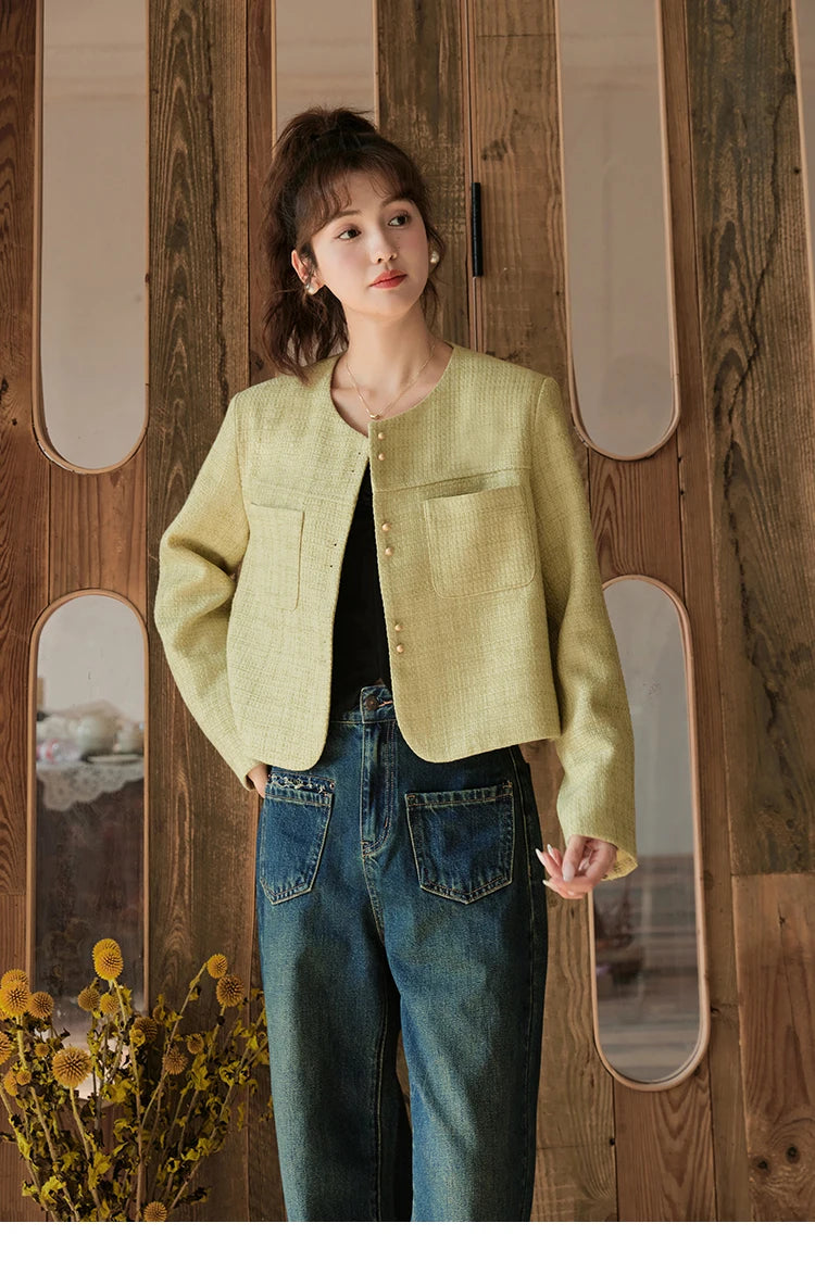 MISHOW Retro Round Neck Coats for Women Spring Autumn Pockets Loose Gold Button Single Breasted Solid Short Jackets MXC44W0072