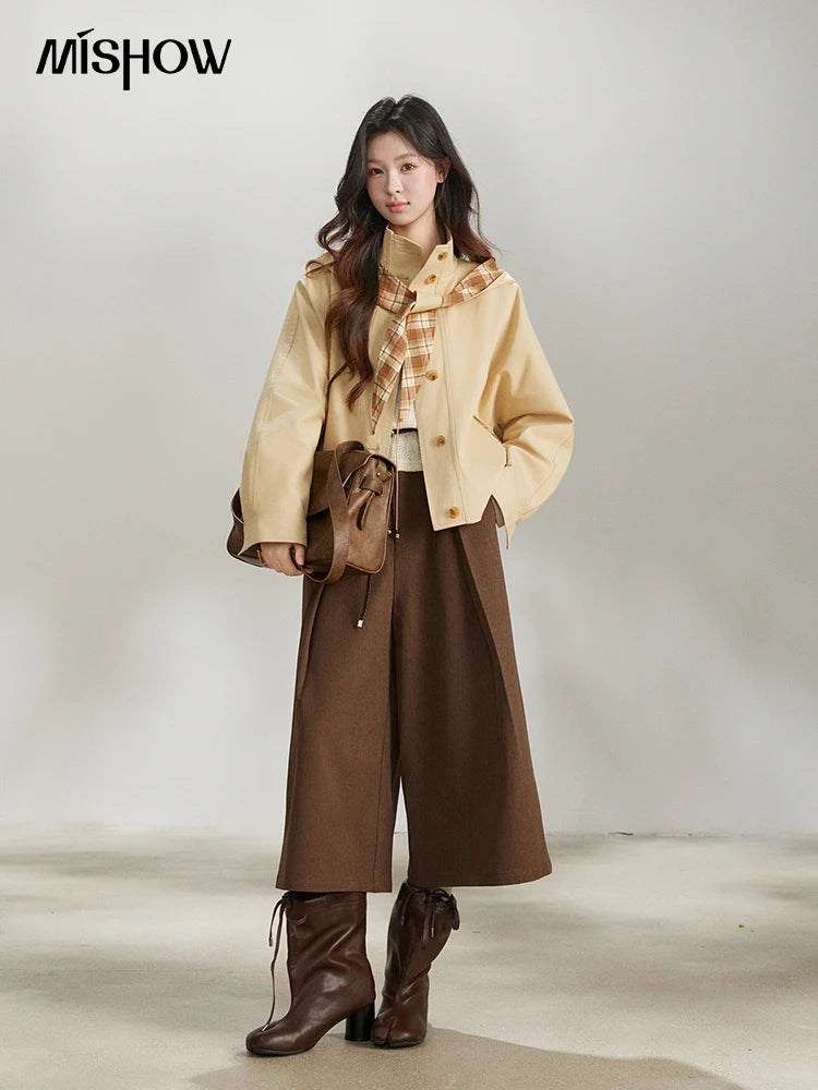 MISHOW Women's Khaki Cropped Trench Coat Spring Lapel Stand Collar Coats Removable Plaid Cap Casual Loose Jacket MXF108W1003