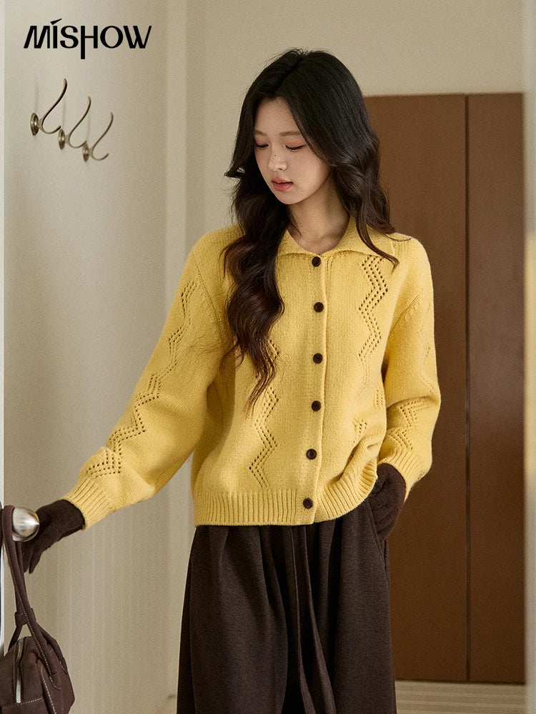 MISHOW Women's Hollow Pattern Knitted Cardigan 2025 Winter Yellow Lapel Single Breasted Sweater Loose Pullover Tops MXE94Z2961