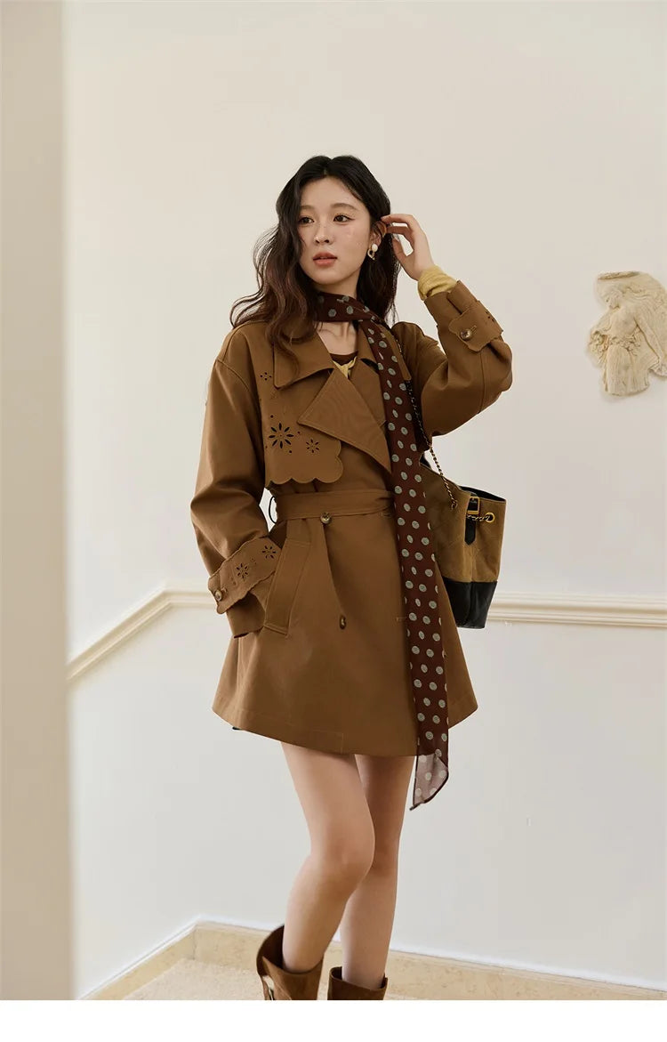MISHOW Hollow Flower Trench Coat for Women Autumn 2025 Double Breasted Retro Trench with Slant Pocket Belt Coats MXE46W0838