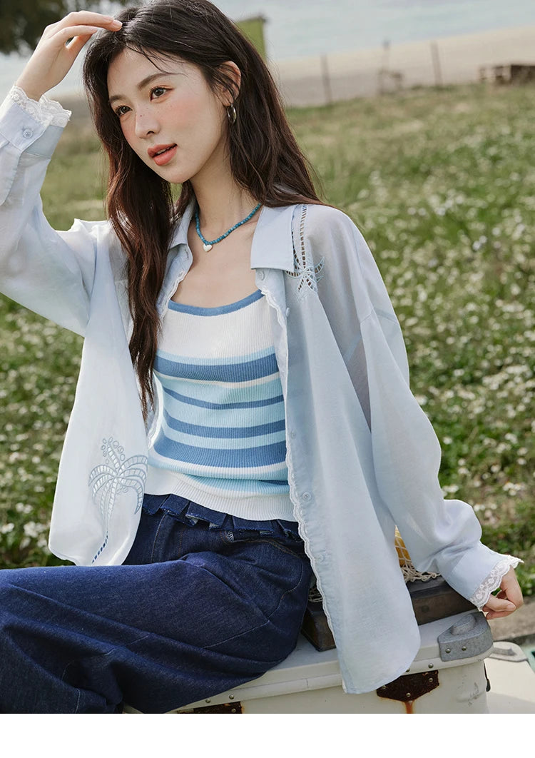 MISHOW Blue Office Lady Shirts Women 2025 Summer New Round Neck Long Sleeve Hollow Embroidery Blouses Female Fashion MXE31C0775