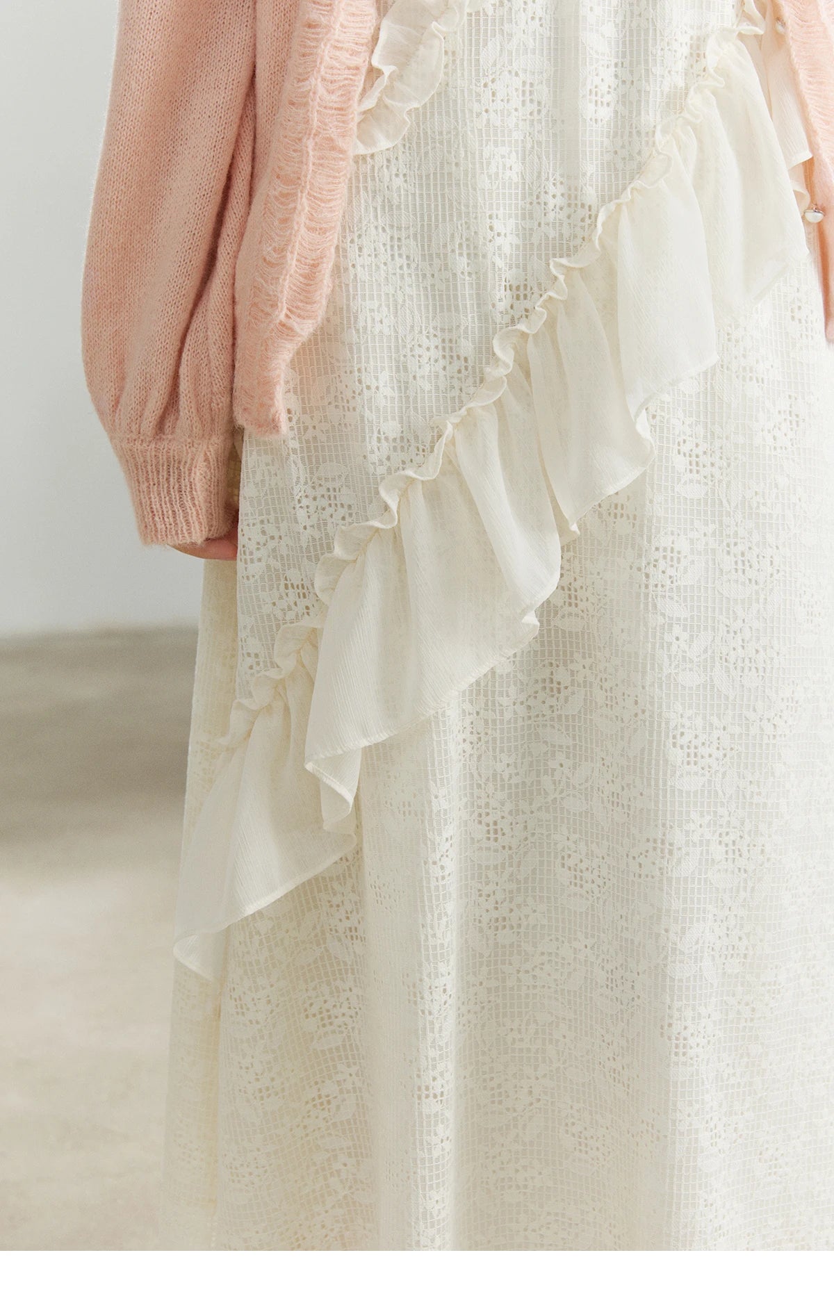 MISHOW Women's Cream Irregular Lace Slip Dress 2026 Spring V-Neck Ruffled Maxi Dresses Casual A-line Romantic Dress MXF108L1005