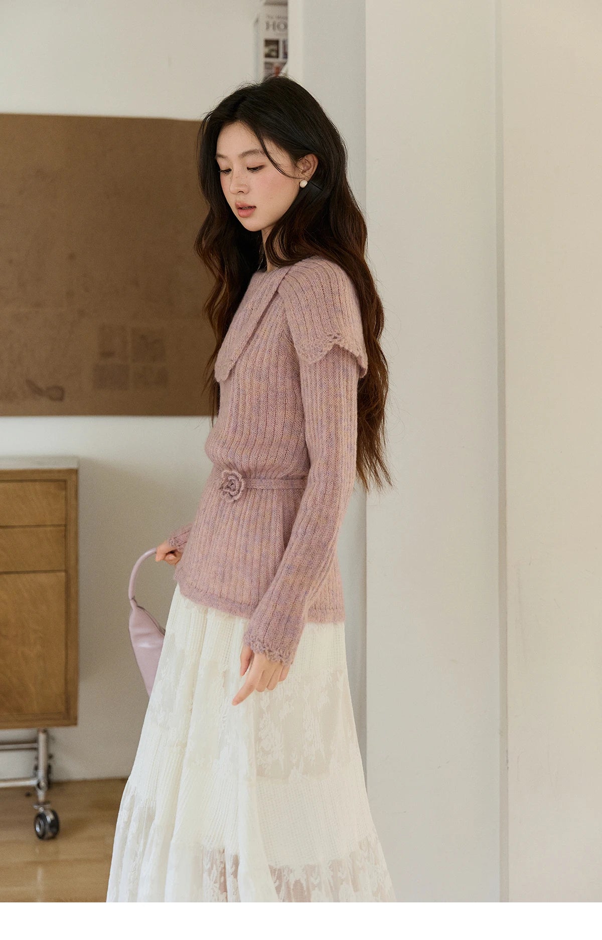 MISHOW Women's Pink Ribbed Knitted Sweater 2026 Spring Large Collar Lace Trim Belted Waist Long Sleeve Pullover Tops MXF11Z2901