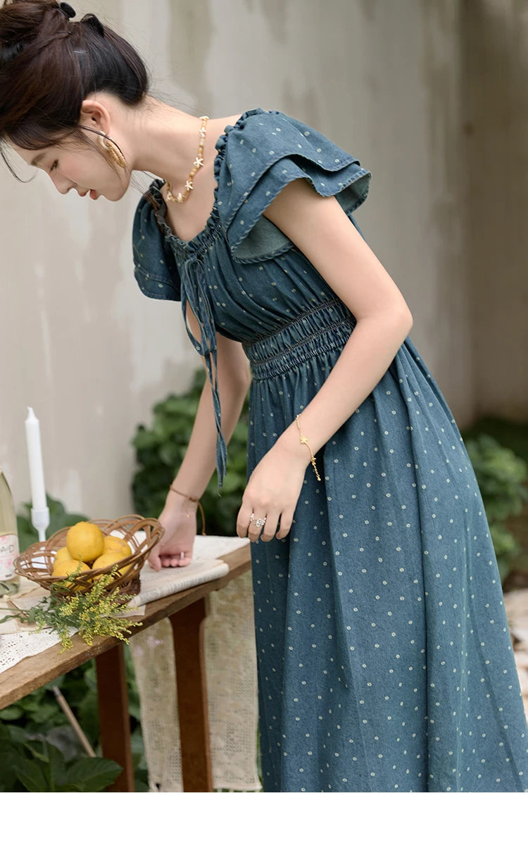 MISHOW Lace Up Flying Sleeve Polka Dot Dress Summer 2024 High Waist Pleated Long Dresses Square Neck Denim Dress MXD30L2022