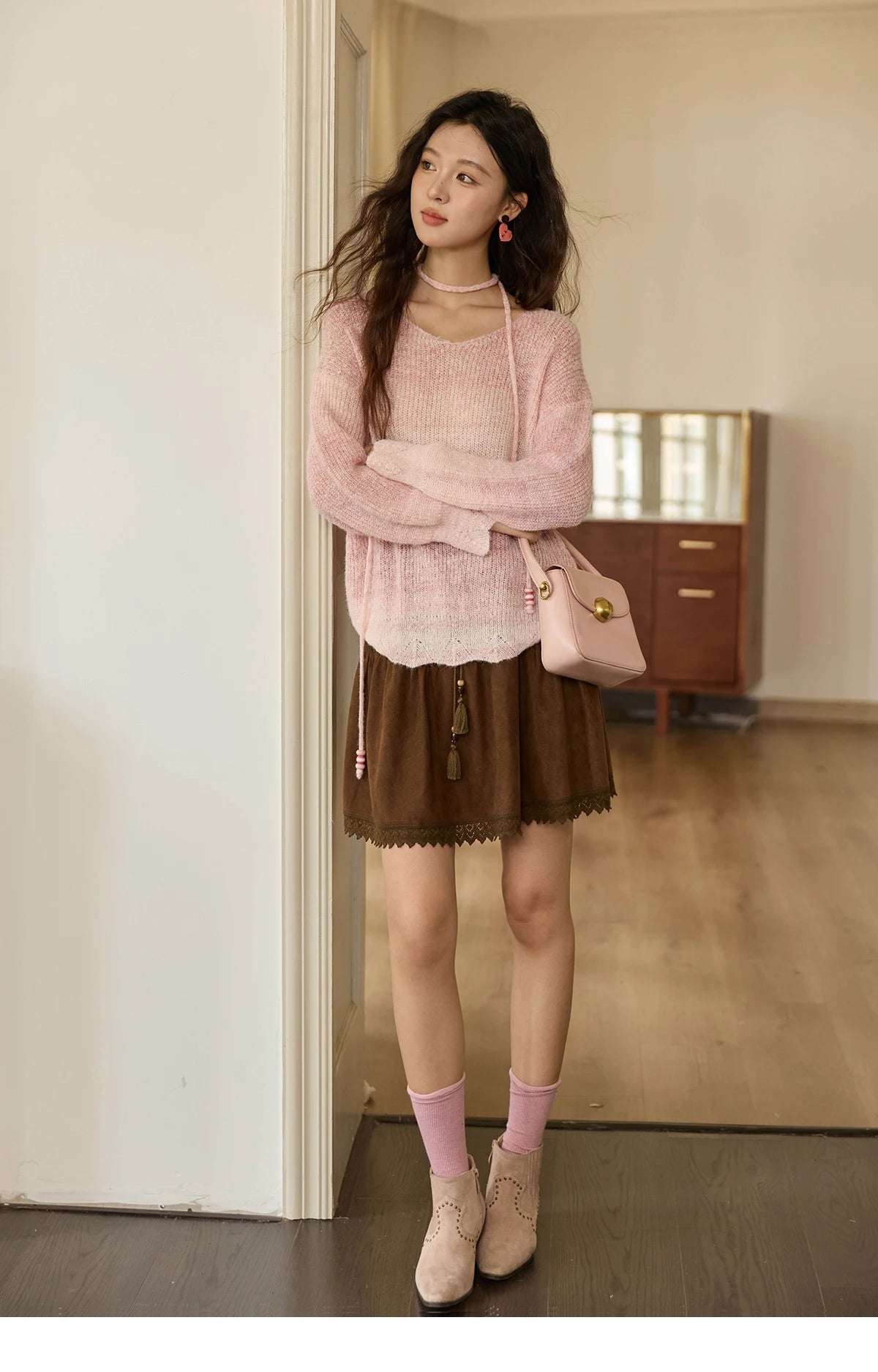 MISHOW Women's Pink Gradient Knitted Top 2025 Autumn French Wool Blend Ribbed Cuff Long Sleeve Tops with Knitted Rope MXE43Z1334