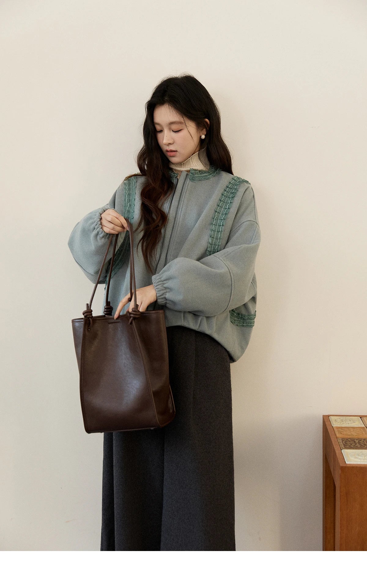 MISHOW Women's Light Blue Down Coats Winter Lace Decor Zipper Puff Sleeve Coats O Neck Loose Casual Warm Outerwear MXE94W1048