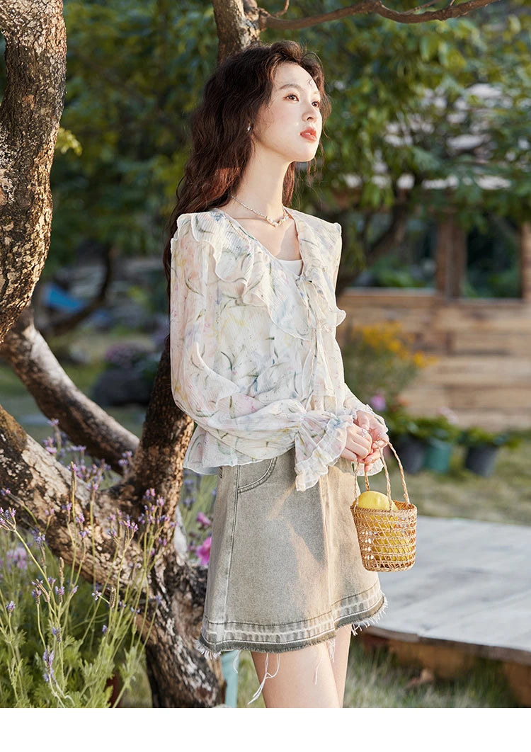 MISHOW Floral Blouse with Camisole Set V-Neck Lace Up MXE13X1718