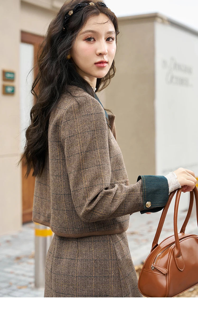 MISHOW Fashion Retro Plaid Coat Half pleated Skirt Separately 2024 Autumn Wool Jacket Retro Skirt Office Lady MXC47W0154