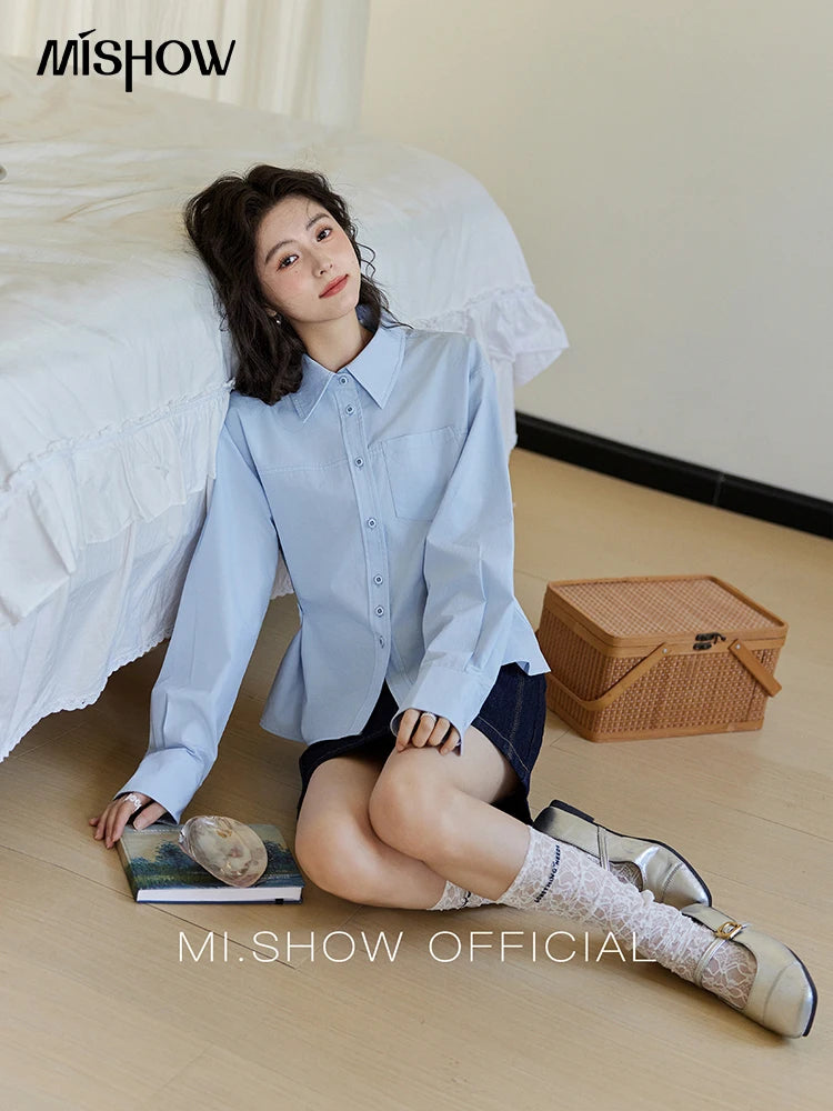 MISHOW Women's French Blue Shirt Long Sleeve 2025 Spring Polo Collar Waist Pocket Versatile Shirt Single Breasted Top MXE14C0753