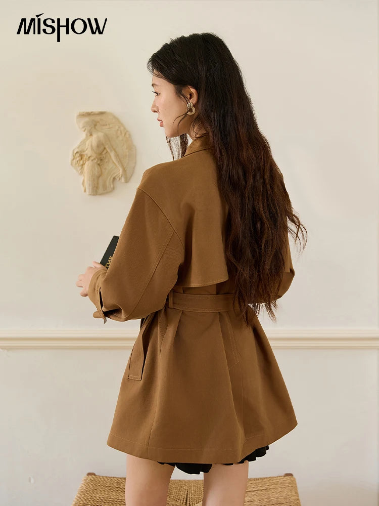 MISHOW Hollow Flower Trench Coat for Women Autumn 2025 Double Breasted Retro Trench with Slant Pocket Belt Coats MXE46W0838