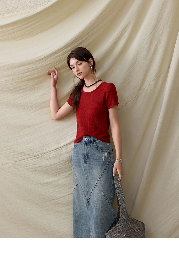 MISHOW Office Lady Women’s T-shirts Summer 2025 Short Sleeve Round Neck Solid Slimming Knitted Shirt Female Fashion MXE34Z1257