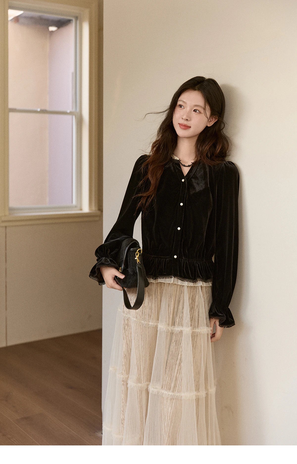 MISHOW Women's Black Velvet Shirts 2025 Winter Retro Splicing Lace Tops Ruffle Hem Pearl Button Puff Sleeve Shirt MXE94X2516