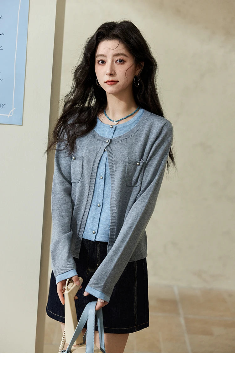 MISHOW Wool Knitted Cardigan Fake Two-piece Contrasting 2025 Spring Women Slim Fit Top O Neck Patch Pocket Sweaters MXE12Z1144