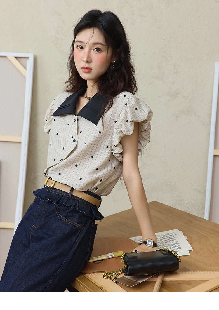 MISHOW Summer Office Lady Blouses Women 2025 Short Sleeve Turn-down Collar Polka Dot Shirts Female Fashion Slim Tops MXE31C0776