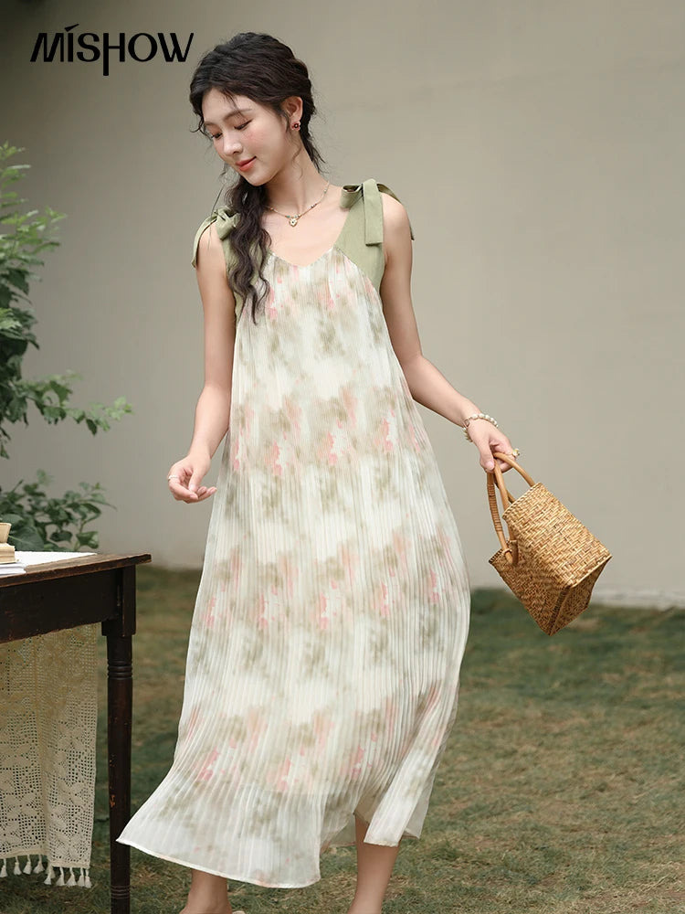 MISHOW French Lazy Suspender Floral Chiffon Dress 2024 Summer Fairy Seaside Vacation Dress V Neck A-LINE Dresses MXD28L1862