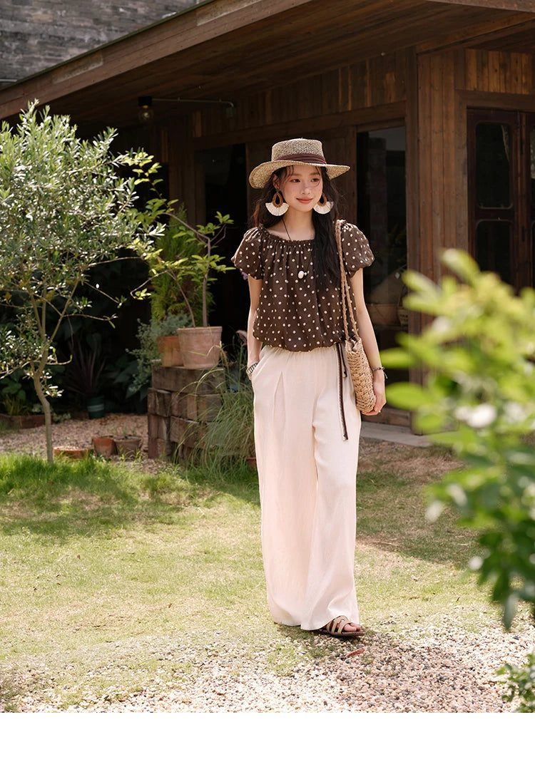 MISHOW Women's Two-Piece Set Fashion Polka Dot One Shoulder Puff Sleeve Blouse Summer 2025 Casual Wide Leg Pants Set MXE38T0683