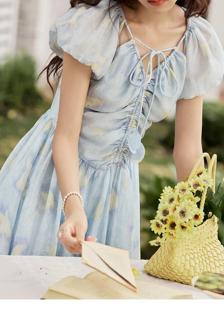 MISHOW V-Neck Lace-Up Puff Sleeve Midi Dress MXE34L2227