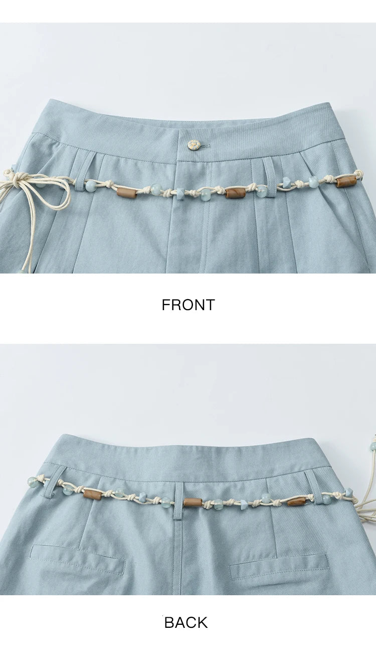 MISHOW Sea Salt Blue Wide Leg Pants 2025 Summer Contrasting Bead Belt Cotton Blend Trousers Slim Commuting Pants MXE35K0931