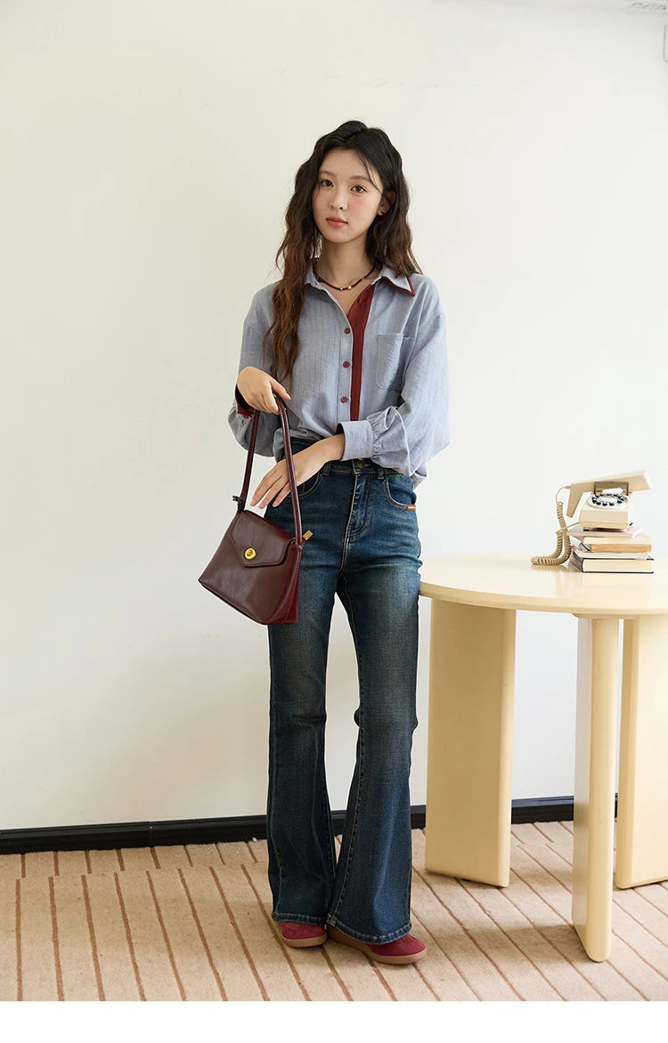 MISHOW Striped Shirt for Women Autumn 2025 Blue Red Splicing Contrasting Color Shirts Laple Loose Retro Commute Top MXE46C2405