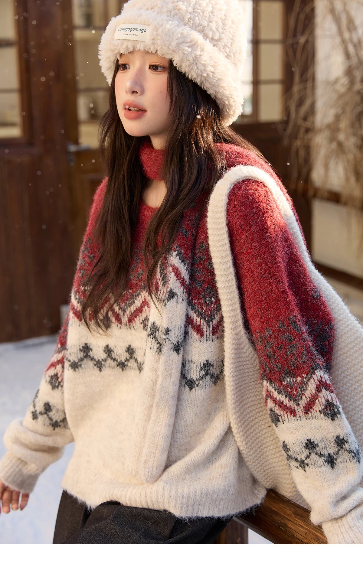 MISHOW Christmas Jacquard Retro Sweater Winter Geometric Red Scarf Fair Isle Sweater Wool Blend Thickened Knitted Top MXE51Z2628