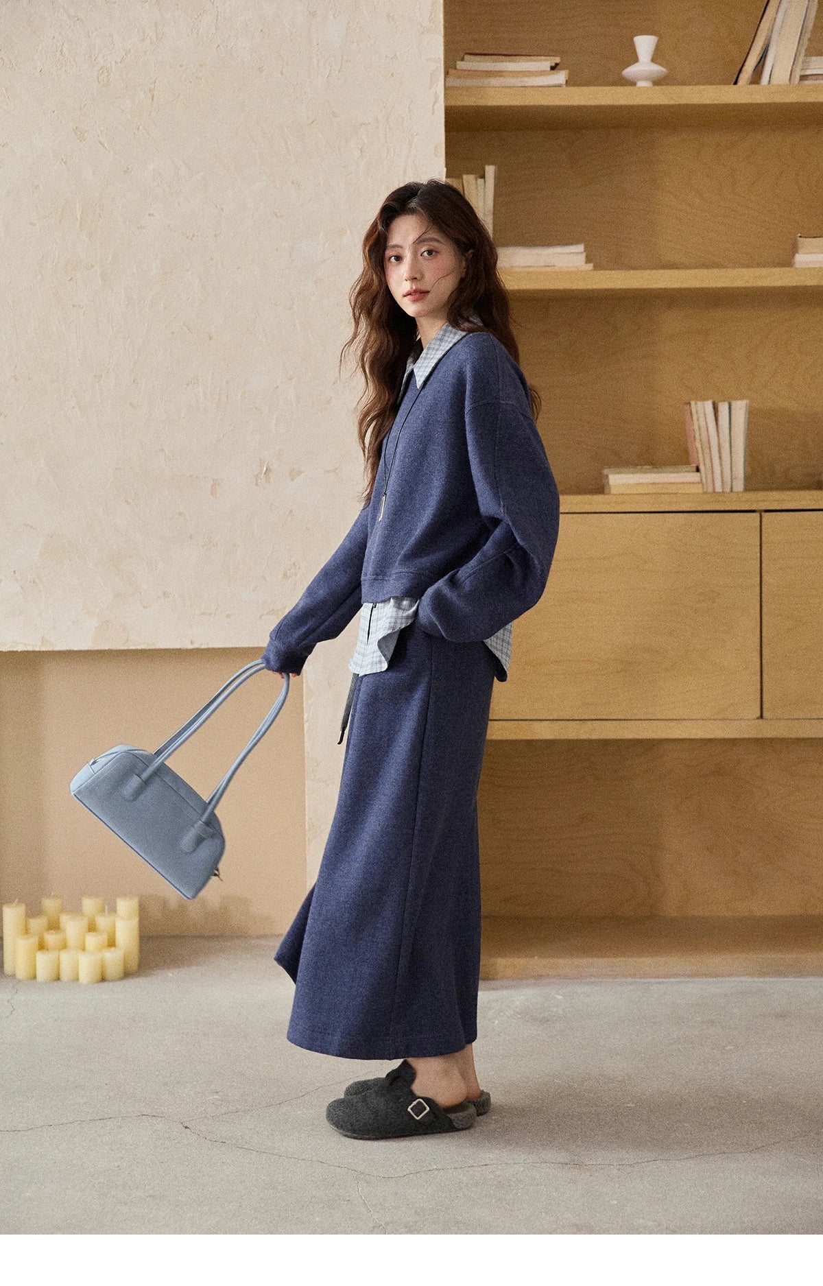 MISHOW Blue Plaid Sweatshirt Suit Women's 2025 Winter Fashion Turn-down Collar Knitted Top Straight Skirt Woman Sets MXE87T1445