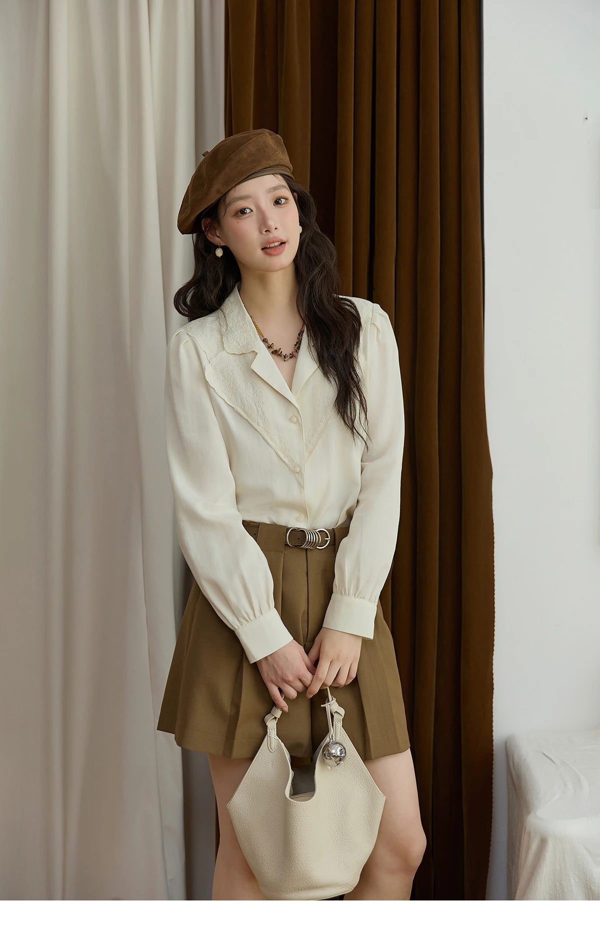 MISHOW Women's Casual Shirts 2025 Autumn Apricot Retro Lace V-neck Top Long Sleeve Lightweight Shirts Women Clothing MXE45X2486