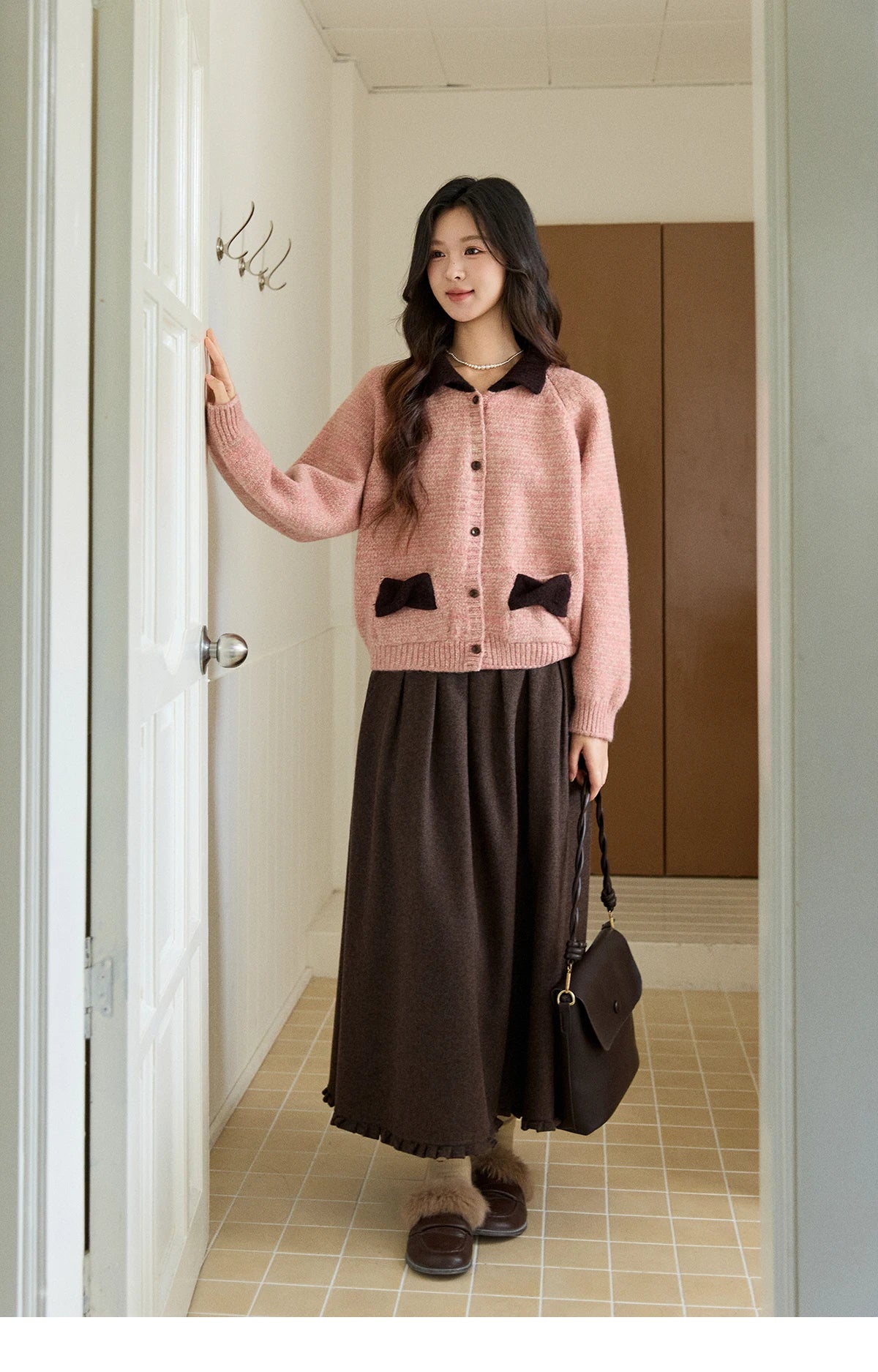 MISHOW Women's Pink Knitted Cardigan Autumn Winter Contrast Collar Bow Pocket  Top Single-breasted Loose Warm Sweater MXE94Z2957