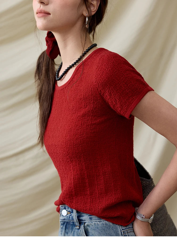 MISHOW Office Lady Women’s T-shirts Summer 2025 Short Sleeve Round Neck Solid Slimming Knitted Shirt Female Fashion MXE34Z1257