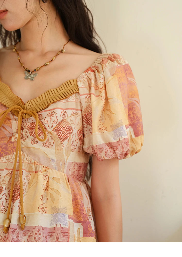 MISHOW V-neck Lace Up Patchwork Blouses for Woman 2025 Summer New Ladies Puff Sleeve Print Loose Top Female Clothing MXE38X1911