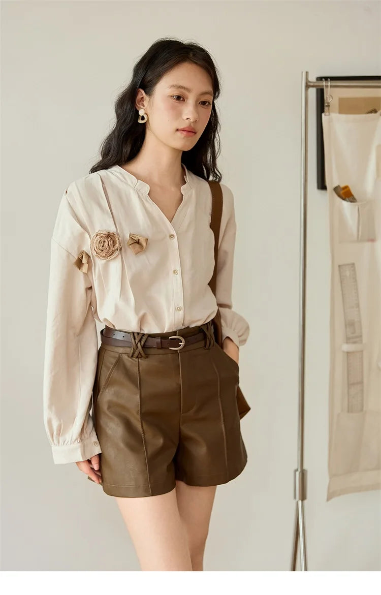 MISHOW Women's PU Leather Shorts Autumn 2025 Slanted Pocket Versatile Short Pants A-line Waist Shorts Excluding Belt MXE48K1086