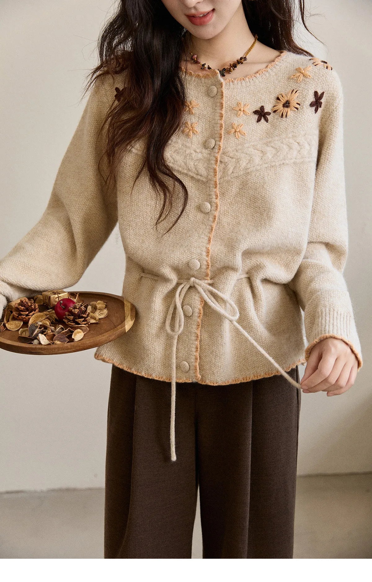 MISHOW Women's Apricot Hand-Embroidered Cardigan 2025 Winter Wool Blend Sweater Waist Tie Crochet Thick Warm Knitwear MXE87Z2702