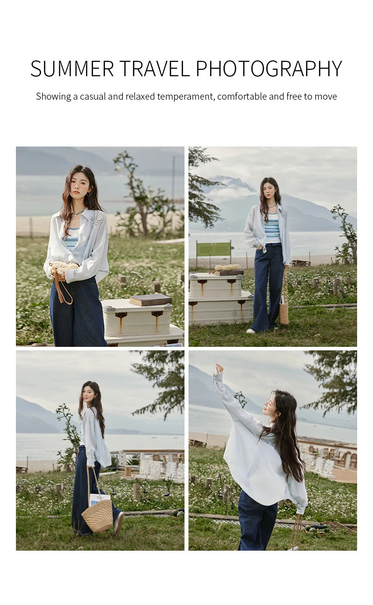 MISHOW Blue Office Lady Shirts Women 2025 Summer New Round Neck Long Sleeve Hollow Embroidery Blouses Female Fashion MXE31C0775