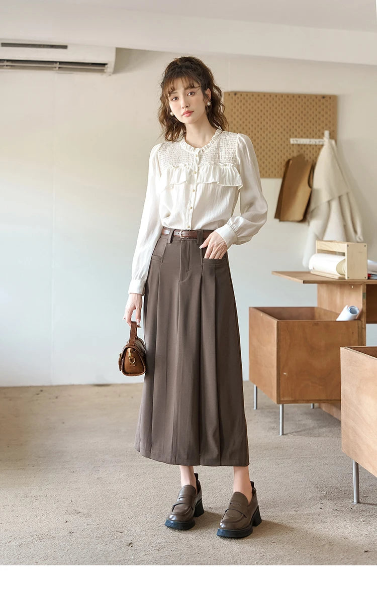 MISHOW Women's Midi Skirt 2023 Autumn Academy Pleated Commuter A-LINE Pockets Solid Split Back Hem Mid-Calf Skirts MXC42B0118