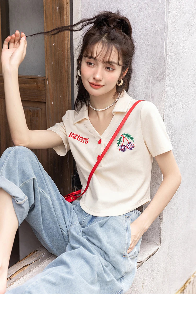 MISHOW Summer T-shirts for Women Korean Fashion Polo Collar Embroidery Letter Short Tops Harajuku Casual Solid Tees MXB32T0477