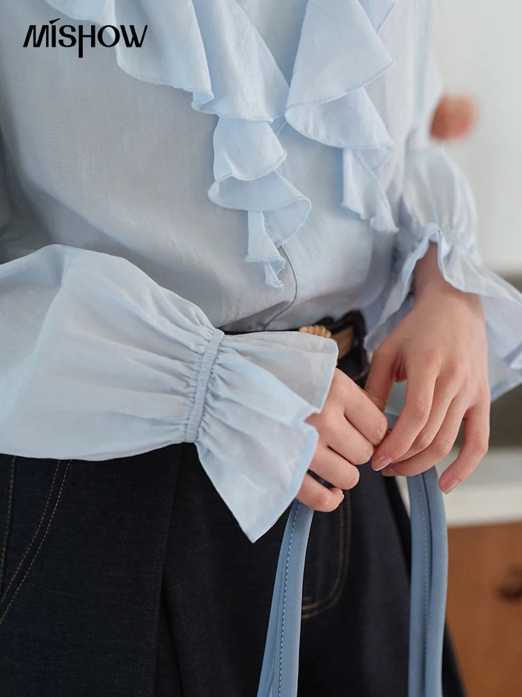 MISHOW Blue Lyocell Ruffled Shirt 2025 Autumn V-neck Flared Sleeves V-neck Shirts Commuting Elegant Versatile Tops MXE41X1969