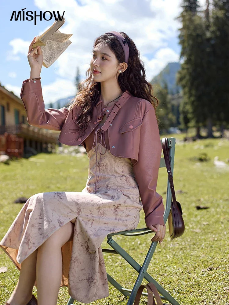 MISHOW Leather Patchwork Floral Strap Dress for Autumn 2024 Lace-up Hem Side Slit Dress Sleeveless Camisole Dresses MXD43L2031