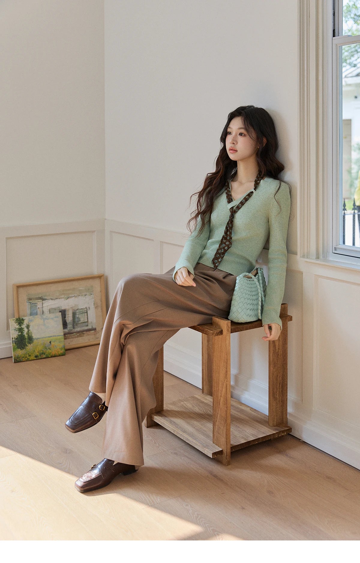 MISHOW Women's V Neck Tie Neck Floral Ribbed Knit Tops 2026 Spring Long Sleeve Slim Casual Soft Green Thin Sweater MXF108Z1024