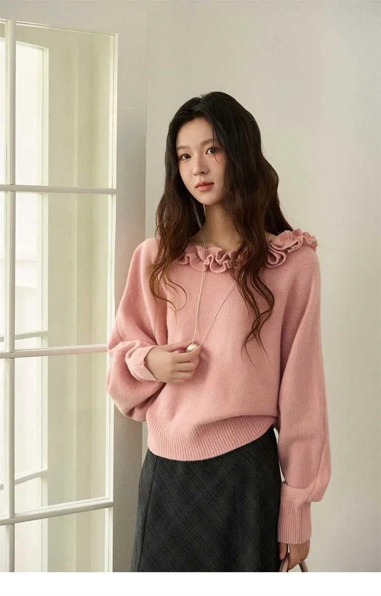 MISHOW Pullovers Women 2025 French Style Orange Lotus Edge Crew Neck Lantern Sleeves Top Slim Luxury Women's Sweaters MXE86Z2726