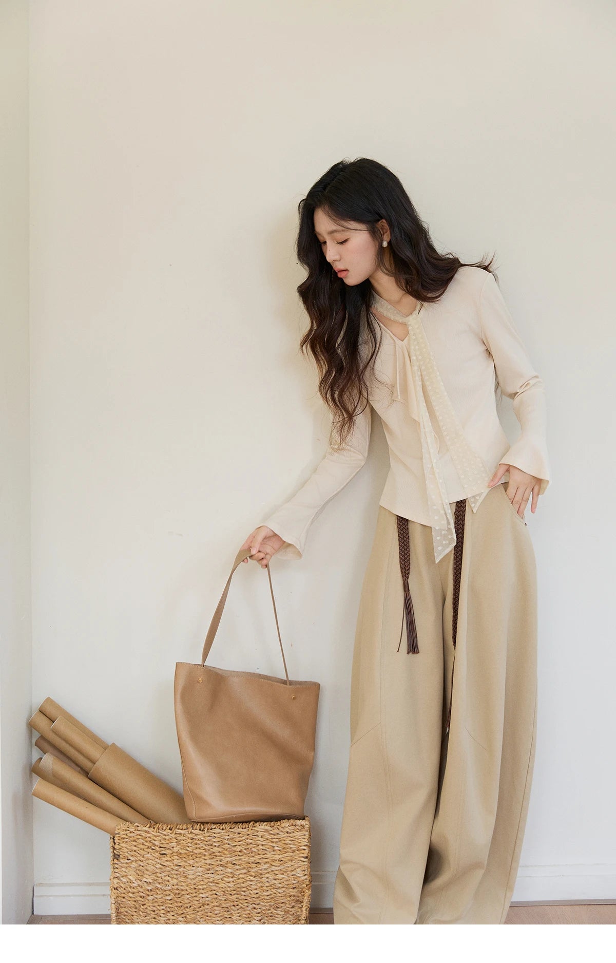 MISHOW Women's V-neck Splicing Lace Ribbon Long Sleeve Tops Spring Ruffled Asymmetrical Hem Flare Sleeve Knitwear MXF108Z1016