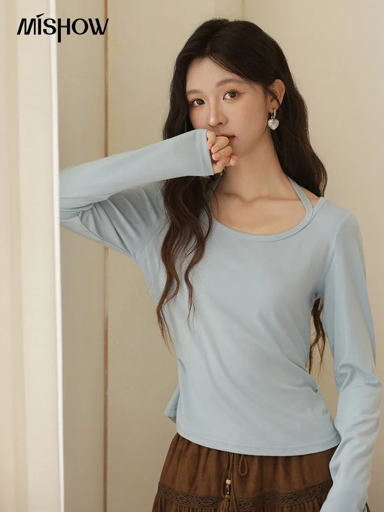 MISHOW Elastic Knitted T-shirts for Women Autumn 2025 Hanging Neck Strap Tees Pleated Waist Slim Long Sleeved Top MXE42T0720