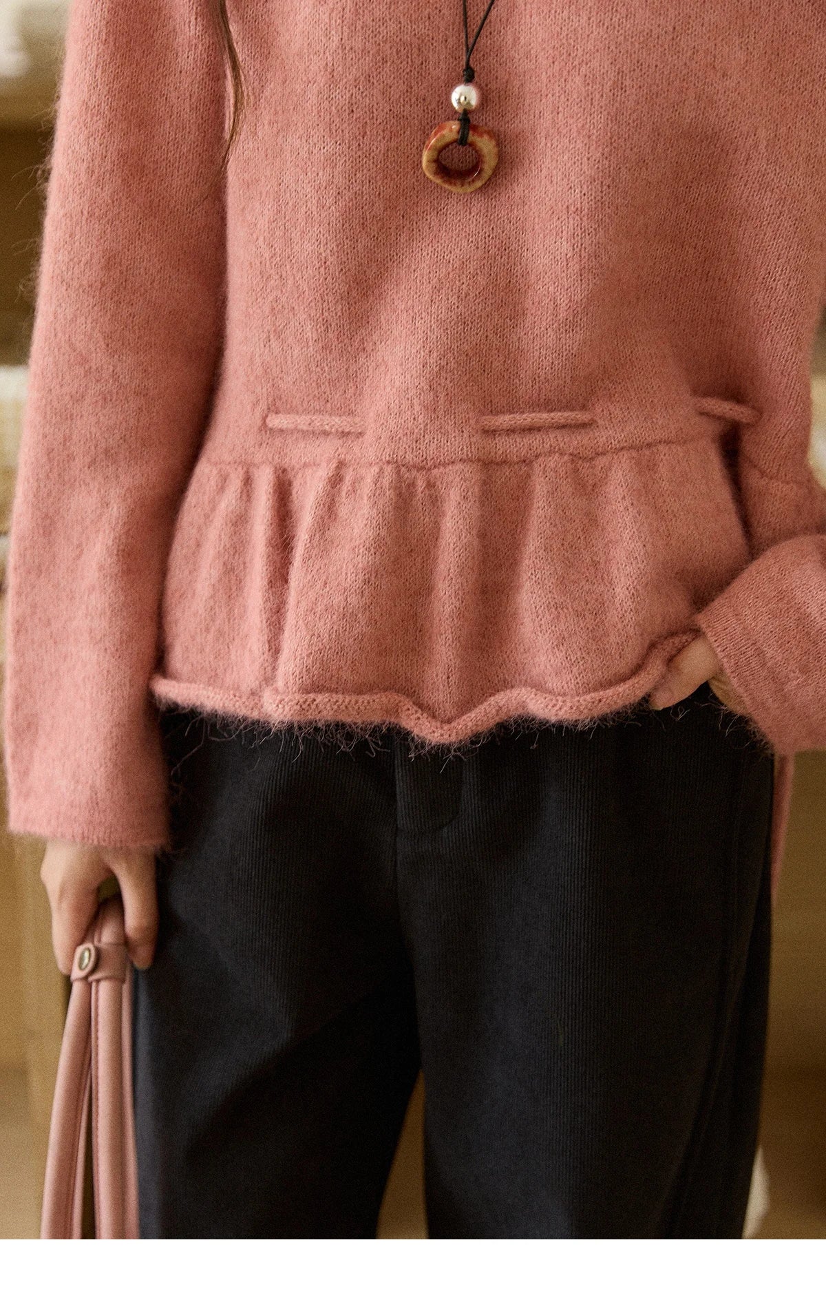 MISHOW Women's Pink Sweater 2025 Winter French Style Round Neck Knit Top Ruffled Hem with Drawstring Belt Pullover MXE90Z2824