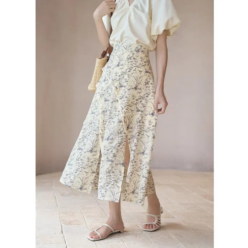 MISHOW Retro Floral Midi Skirt for Women Summer 2023 Side Split High Waist A-line Elegant Elastic Waist Long Skirts MXC37B0044
