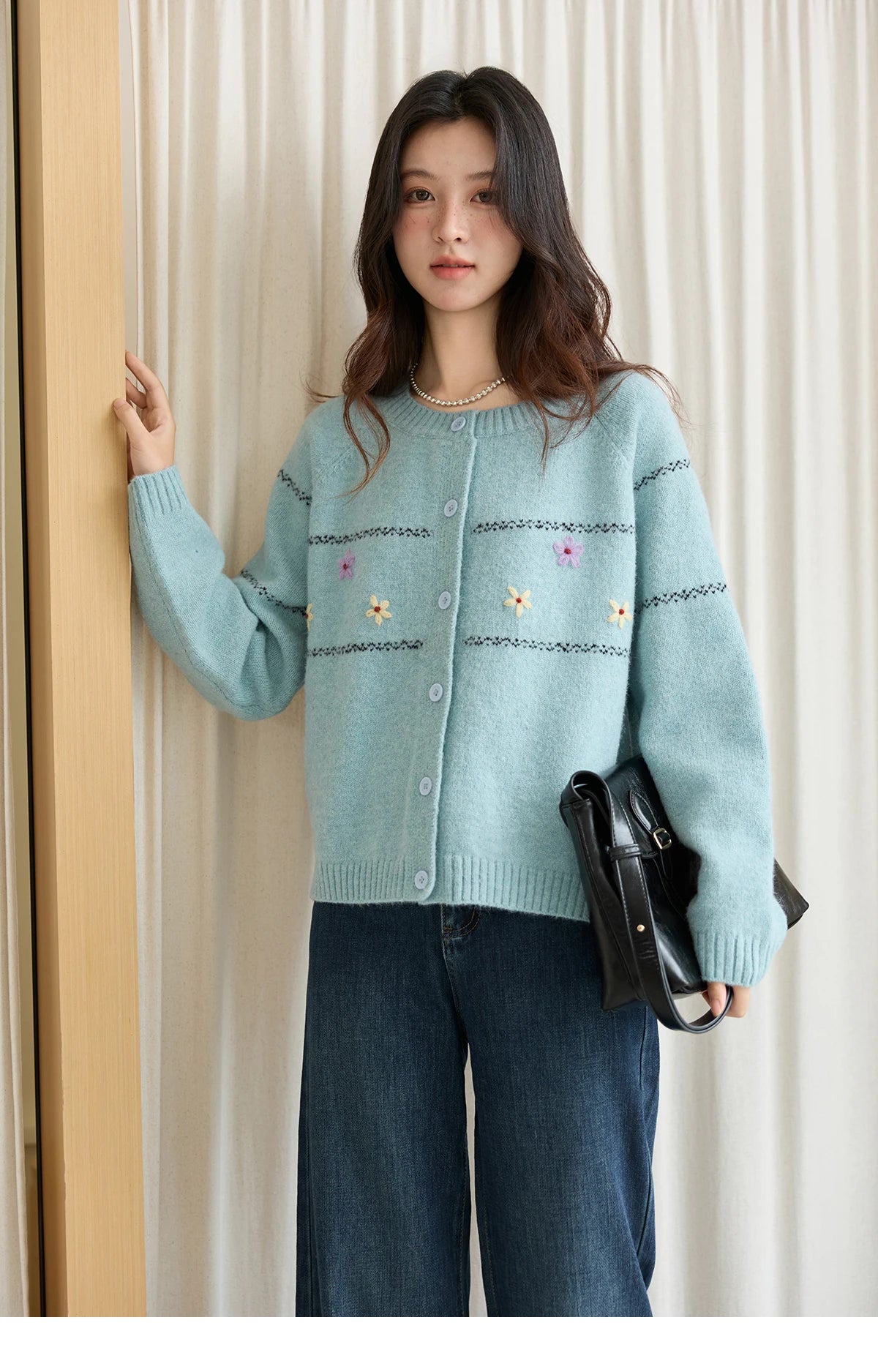MISHOW Women Cardigan Long Sleeve 2025 Autumn Winter Flower Embroidered Knitted Cardigan Commute Loose Blue Knit Top MXE46Z2581